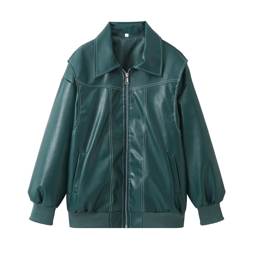 Women's black oversized faux leather motorcycle jacket with zip closure, edgy urban style