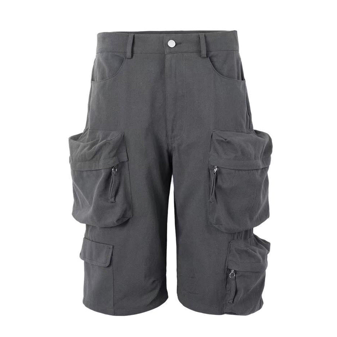 Black calf-length cargo shorts relaxed fit with exaggerated multi-pocket layering streetwear style