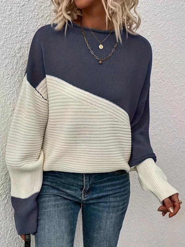 Women's colorblock knit sweater, relaxed fit with bold diagonal design in warm neutral tones