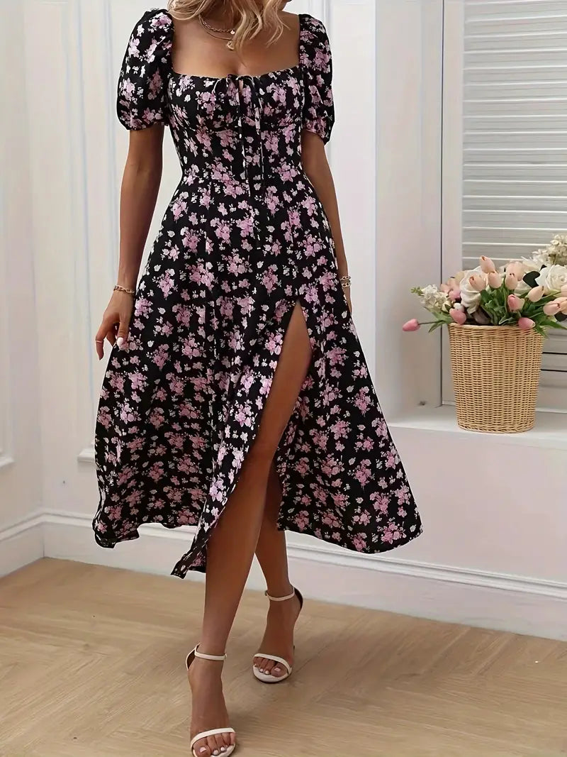 Women's floral A-line dress with puff sleeves, feminine spring silhouette in vibrant botanical print