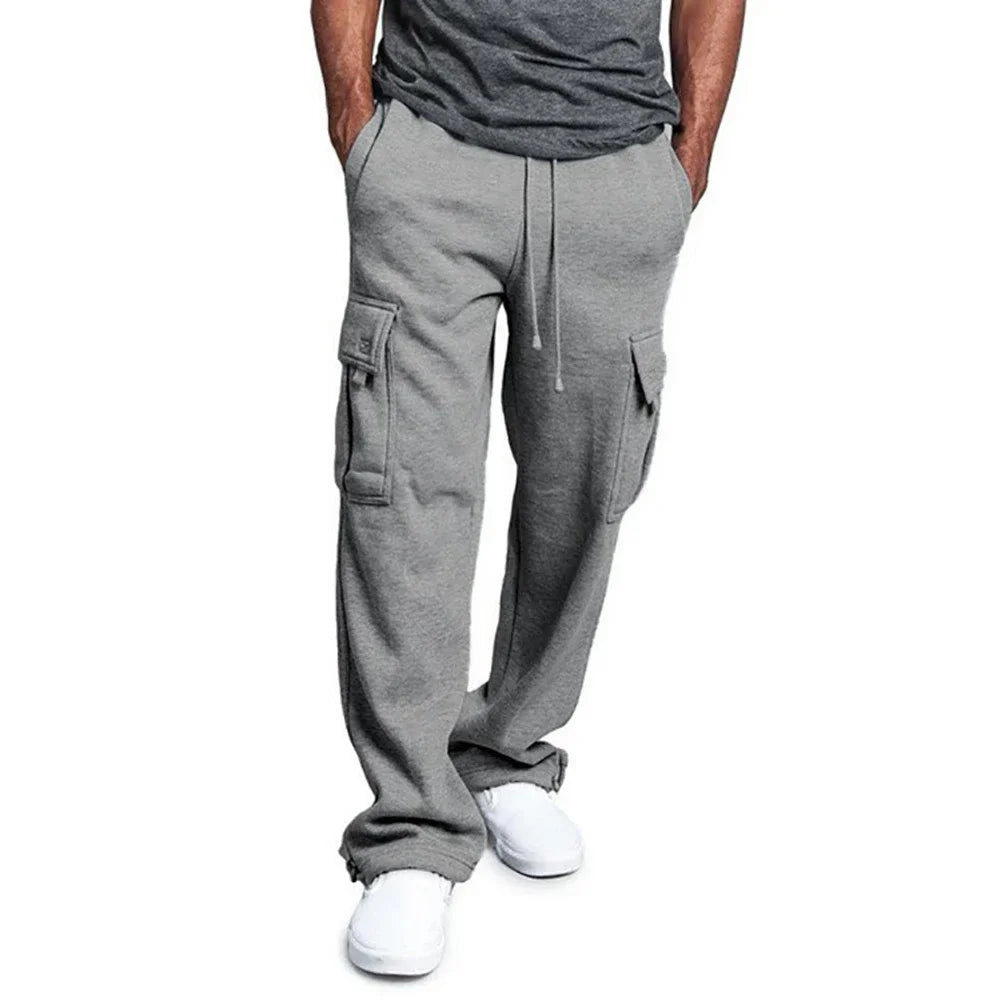 Men's gray fleece cargo sweatpants relaxed fit with adjustable drawstring waist and cargo pockets