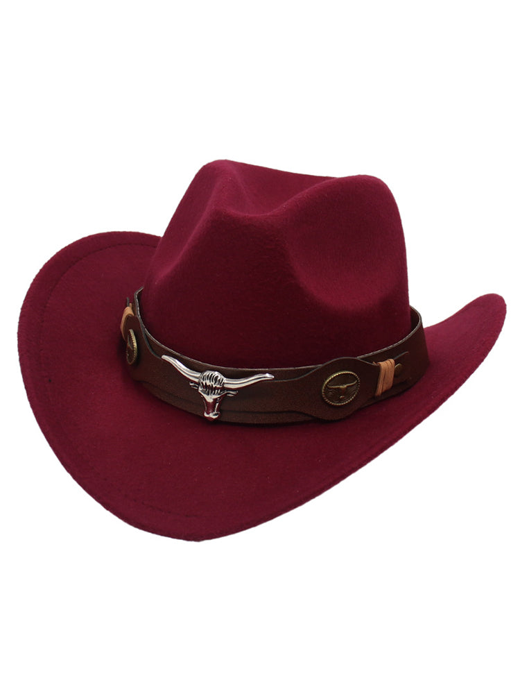 Brown wool felt cowboy hat with bull head decoration, Western-style brim for daily casual wear