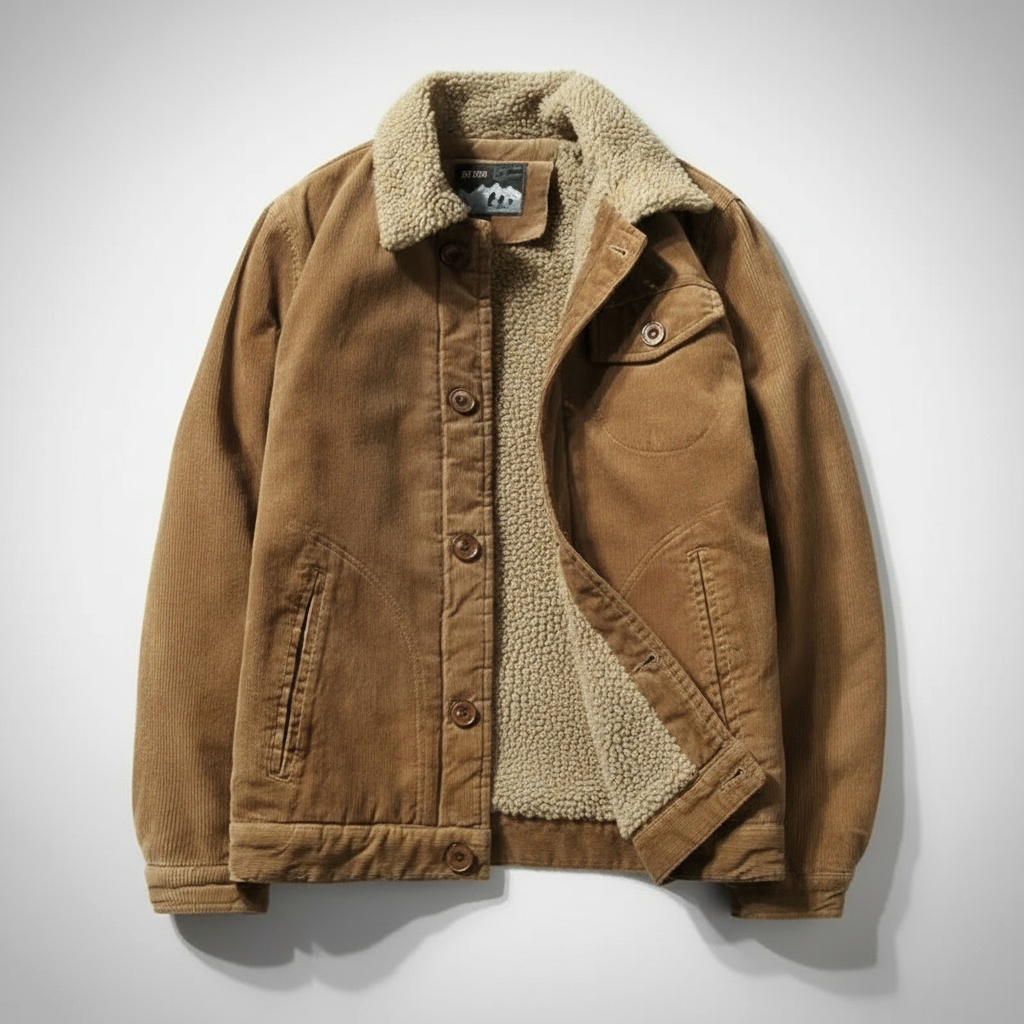 Men's brown corduroy regular fit jacket with shearling collar and sherpa lining, hip length