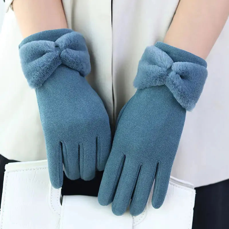 Women's black fleece winter gloves windproof touchscreen anti-slip grip with bow detail