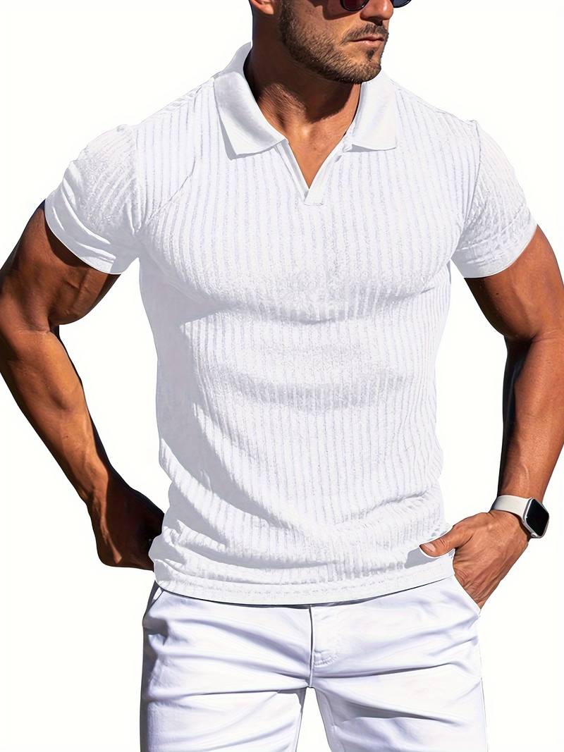 Men's slim fit ribbed knit polo shirt short sleeve neutral tone textured cotton-blend fabric