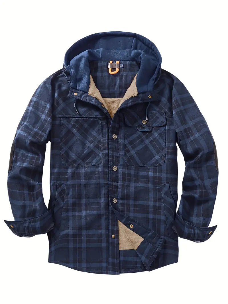 Unisex hooded checked jacket with cozy fleece lining, versatile outdoor coat in classic plaid design