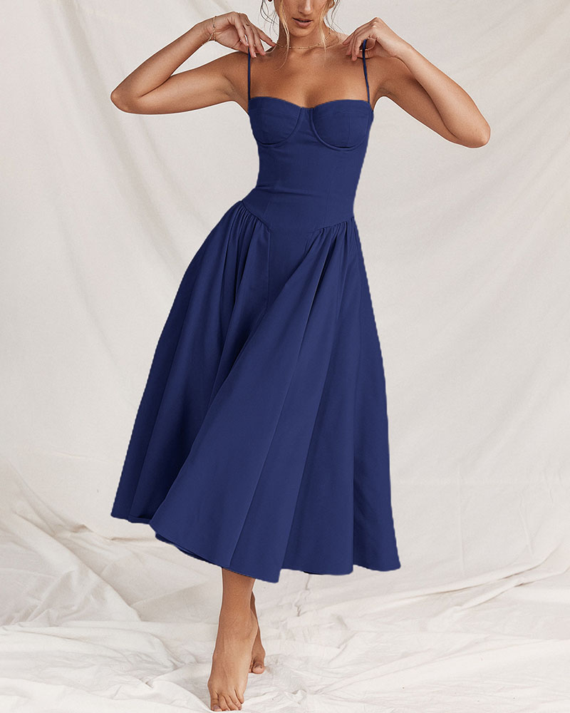 Women's vintage royal blue tube top dress with flowing long swing skirt, sleeveless retro silhouette