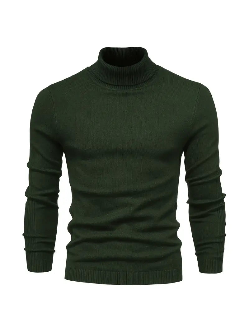 Men's slim-fit turtleneck sweater with high neck, long sleeves, ideal for layering in cold weather