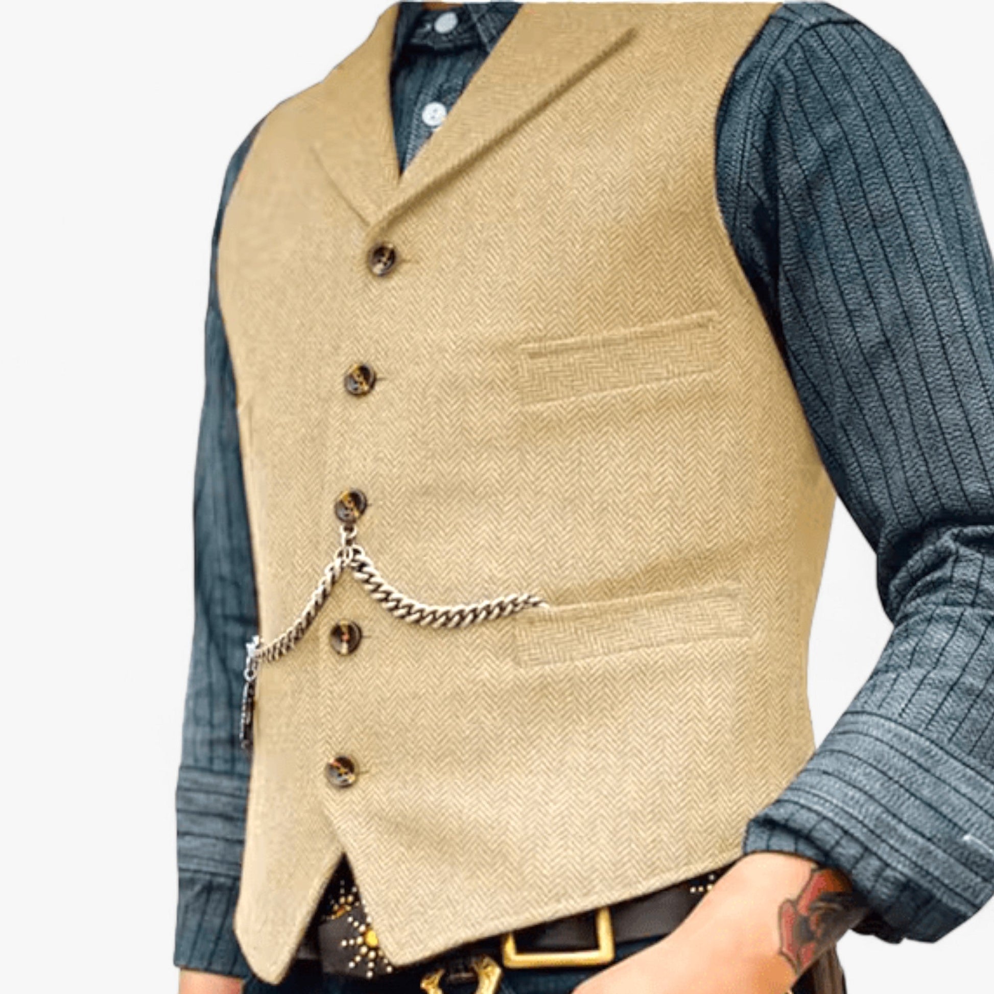 Navy blue men's slim-fit suit vest with decorative vintage chain detailing for modern urban style