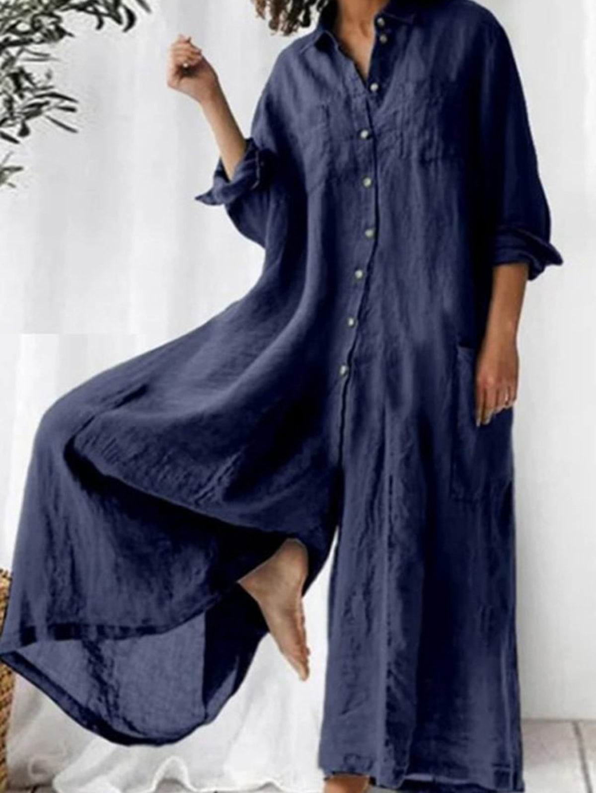 Khaki wide-leg jumpsuit women lapel collar single-breasted cotton blend casual everyday one-piece