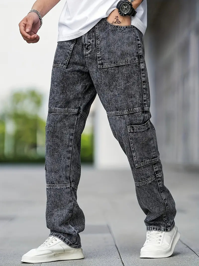 Men's loose fit cargo denim jeans in classic blue with oversized utility pockets, cotton blend all-season casual wear