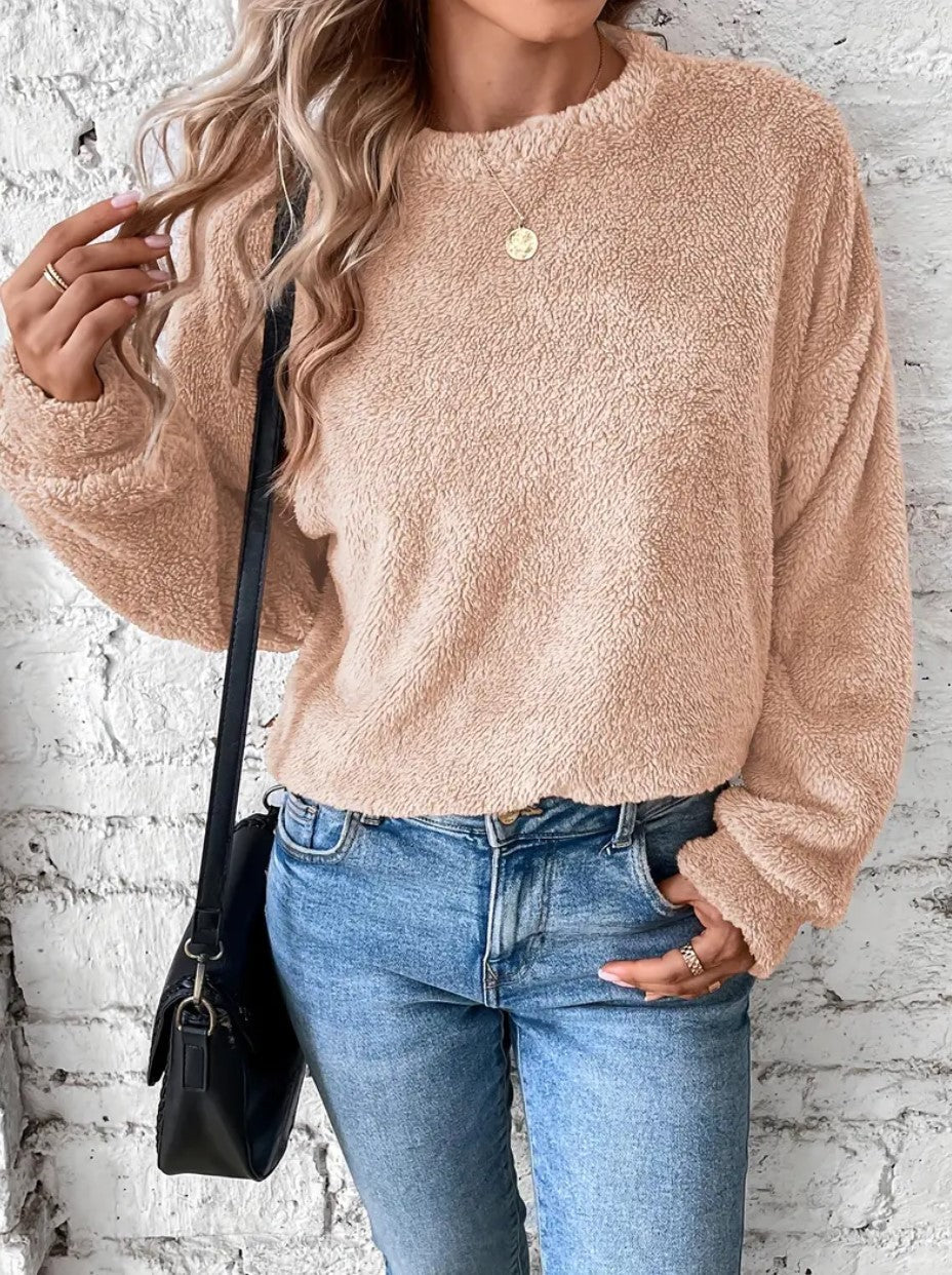 Women's ultra-soft teddy fleece sweatshirt in cozy modern fit, plush warm fabric for cold days