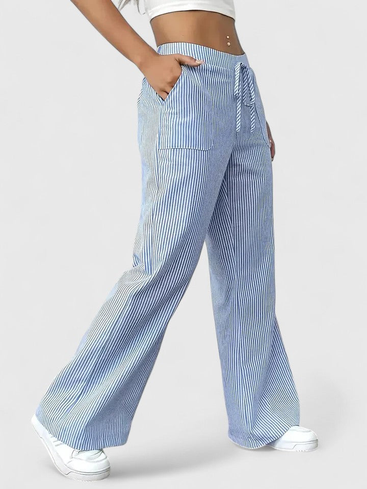 Women's high-waist wide-leg linen blend pants in neutral tone, lightweight breathable spring summer trousers