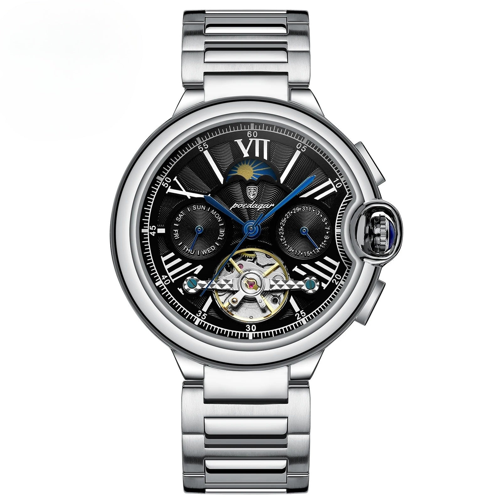 Sovereign Orbiter skeleton tourbillon wristwatch with moon phase, open-heart dial, silver collector design