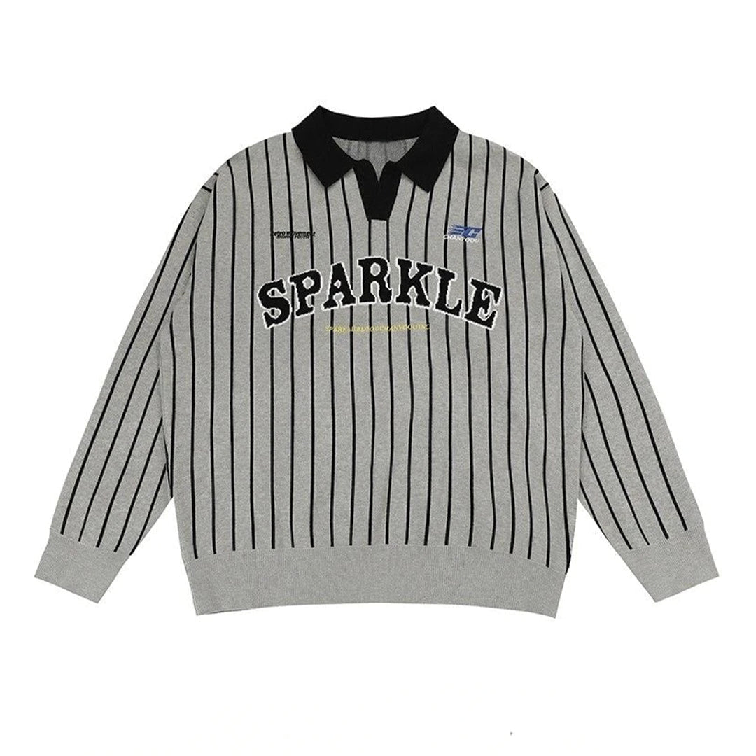 Striped knit polo shirt oversized V-neck collar unisex with embroidered front lettering detail