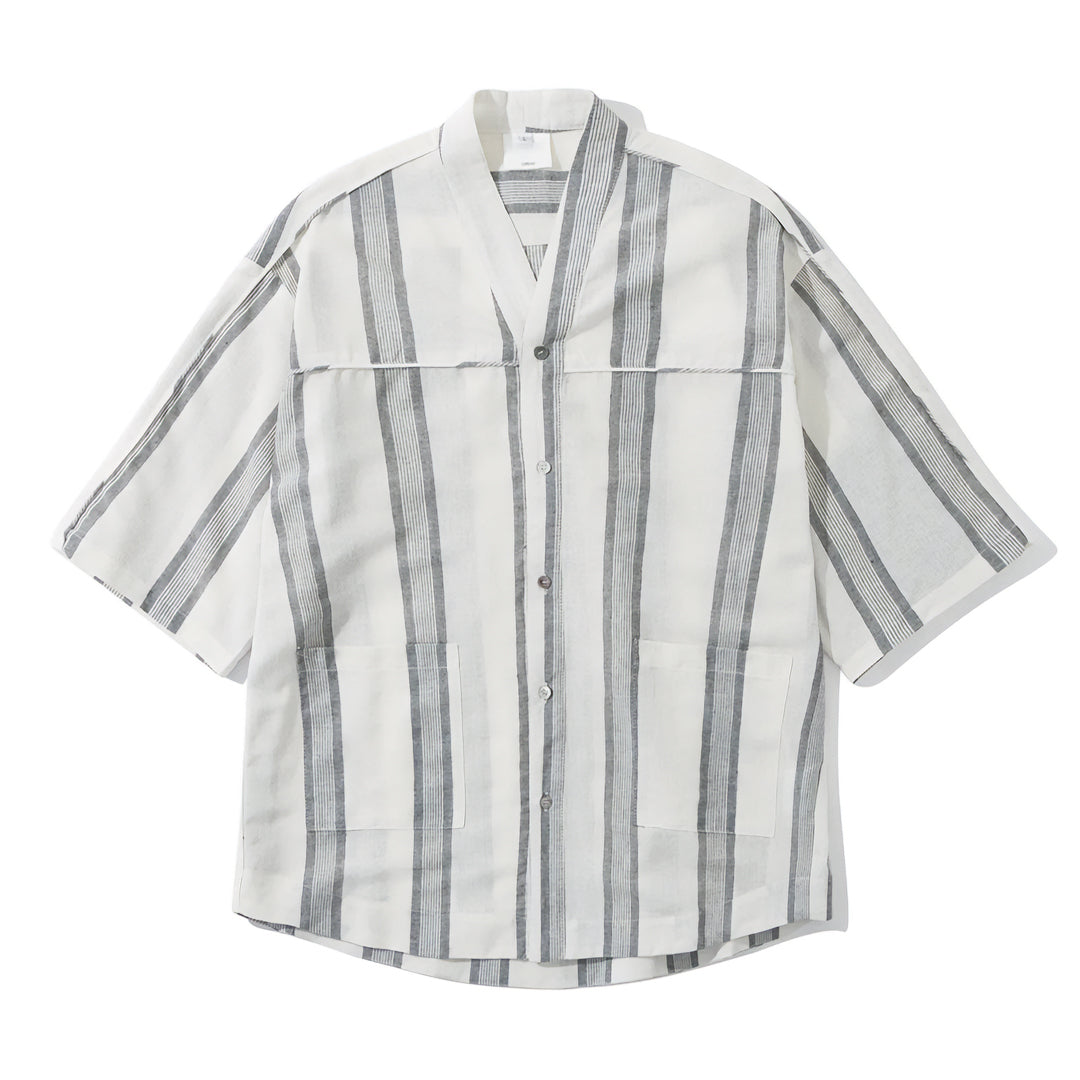Striped cotton-linen kimono shirt relaxed fit V-neck with dual pockets urban streetwear