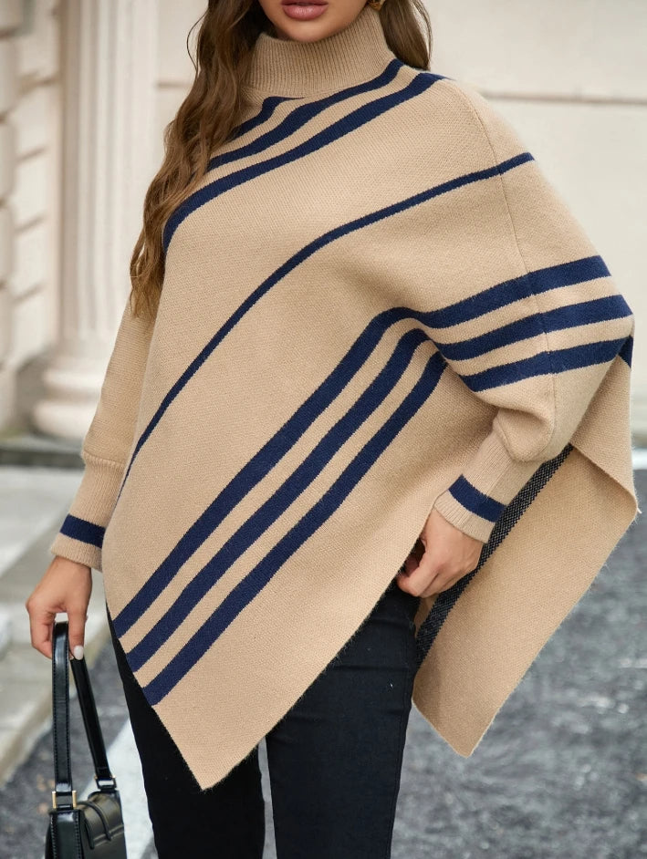 Women's striped poncho sweater asymmetrical drape knit cozy warm bold stripe pattern