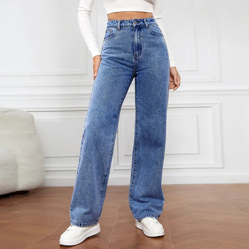 Apollo straight-leg denim jeans high-waist premium stretch blue relaxed fit flattering all body types
