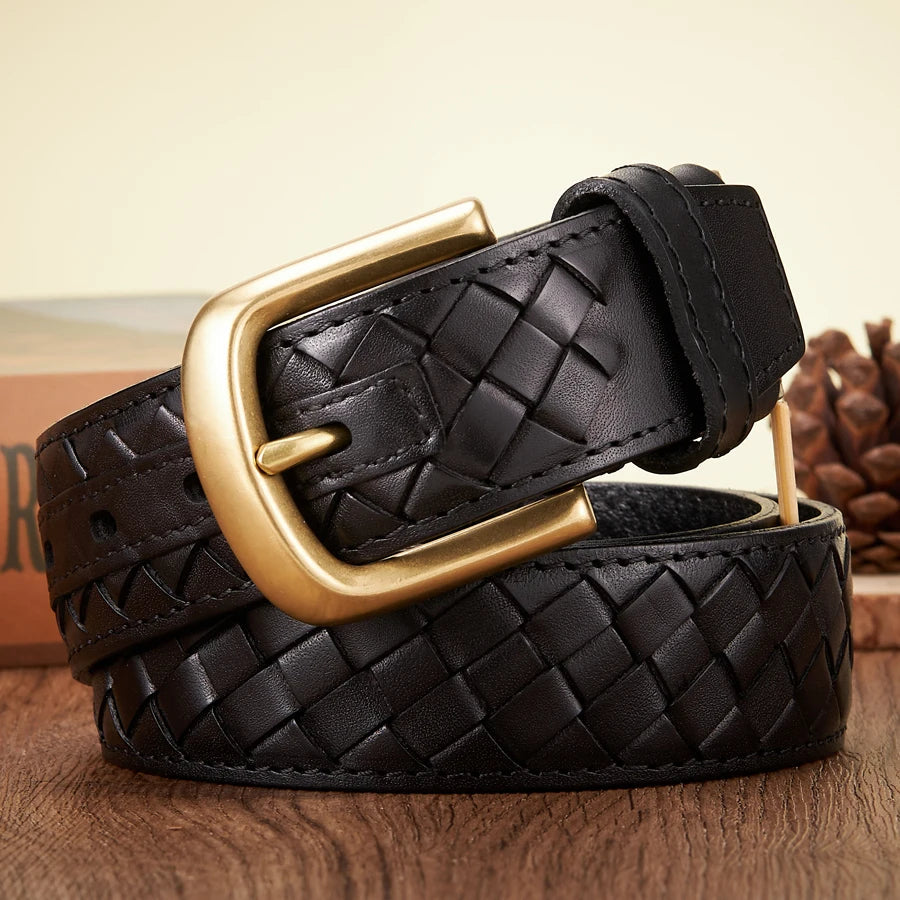Men's woven cowhide leather belt in brown with bold brass-tone copper buckle classic style