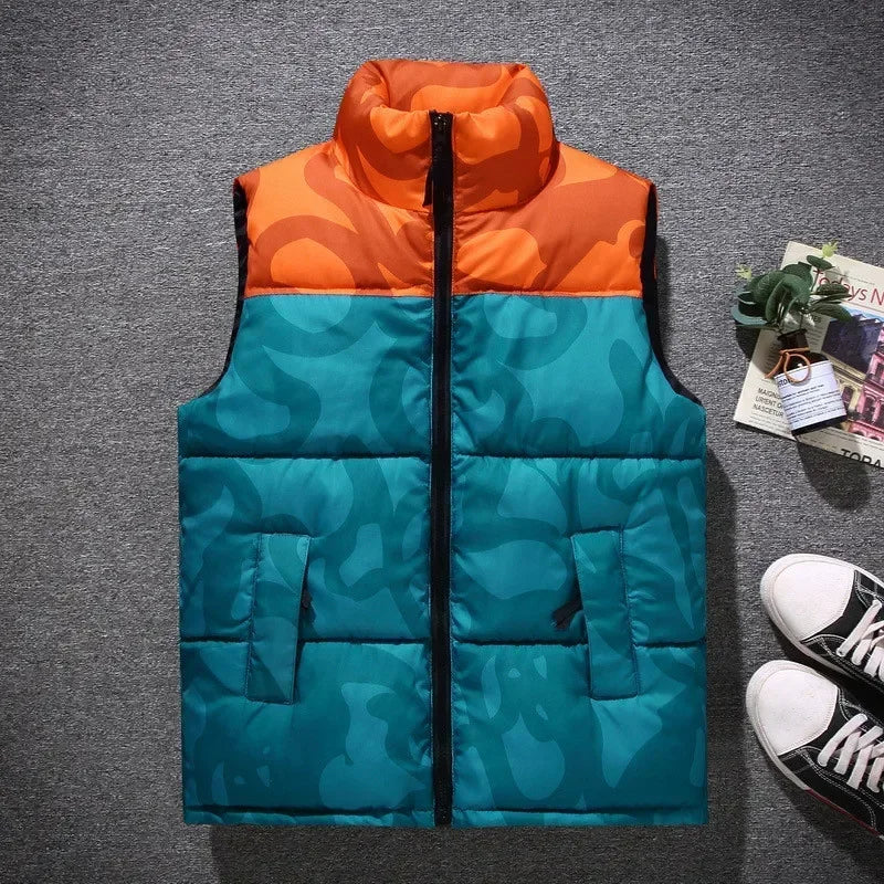 Lightweight insulated puffer vest in bold camo print, sleeveless cold-weather layer for outdoorsmen