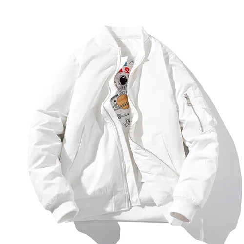 Unisex astro bomber jacket with velvet lining, relaxed silhouette, four pockets, and astronaut graphic interior
