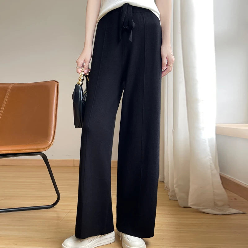 Women's beige cashmere blend wide-leg pants relaxed high-waist fit cozy luxe everyday style