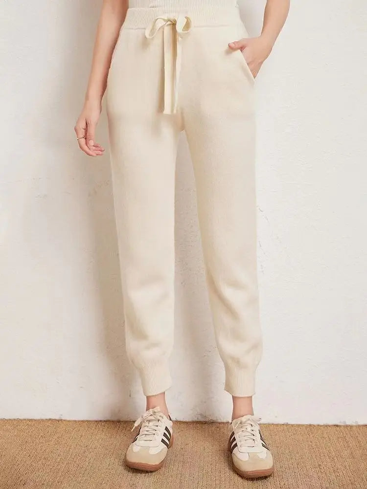 Heather gray cashmere wool blend jogger pants with tapered fit and adjustable drawstring waistband