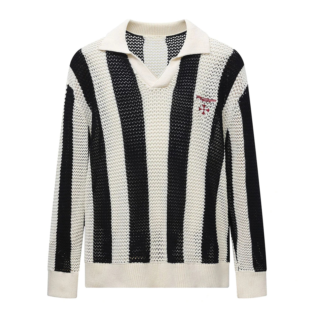 Women's oversized striped knit sweater with turn-down collar, relaxed fit in multicolor vertical stripe pattern