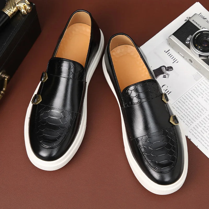 Black croc-embossed leather loafer gold-tone double buckles cushioned white sole classic men's style