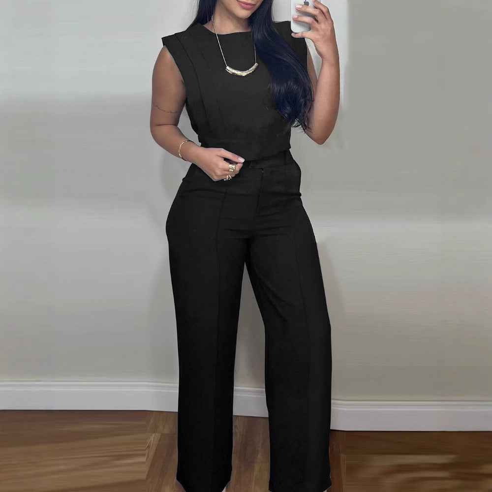 Women's sleeveless two-piece suit set straight pants breathable cotton casual chic summer outfit