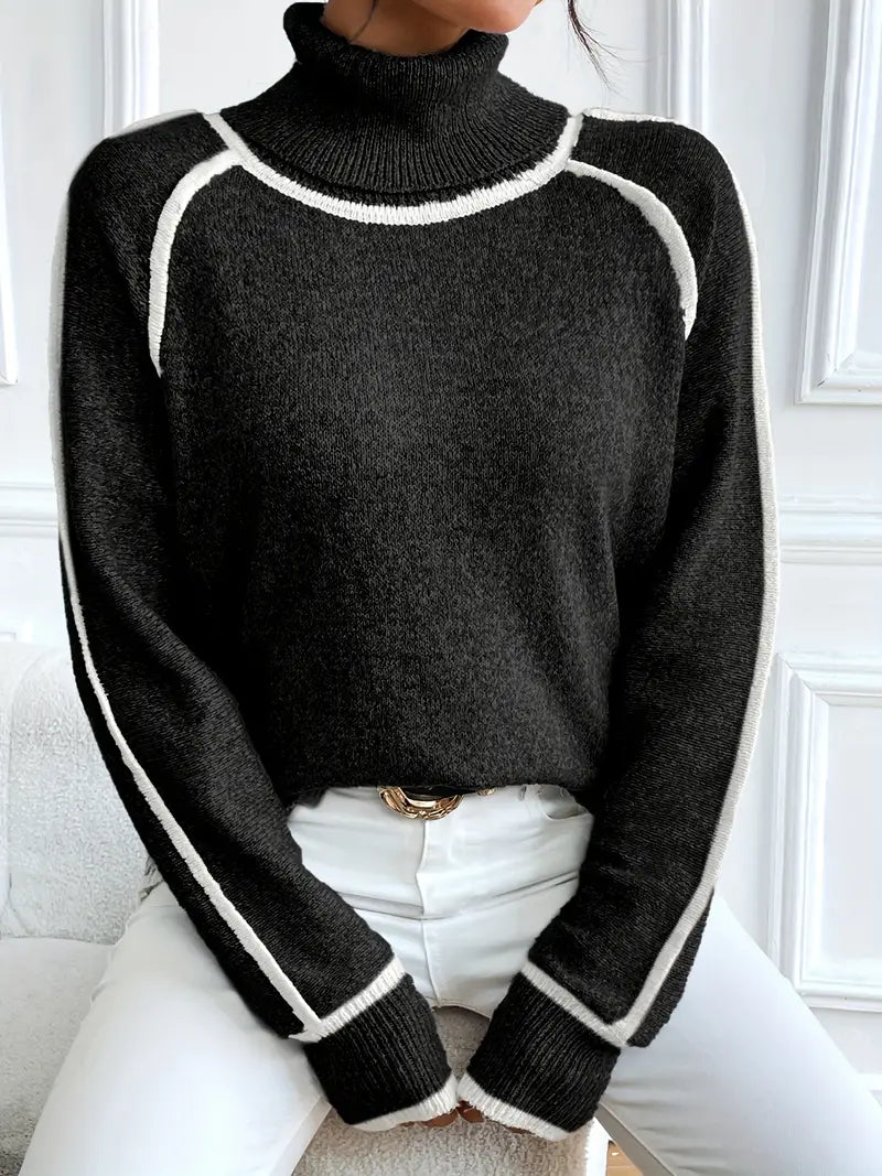 Women's relaxed-fit turtleneck sweater in velvety knit with contrasting seam trim for cozy warmth