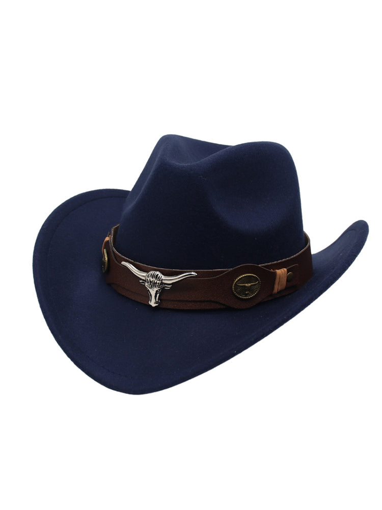 Brown wool felt cowboy hat solid color with bold bull head Western decoration for daily wear