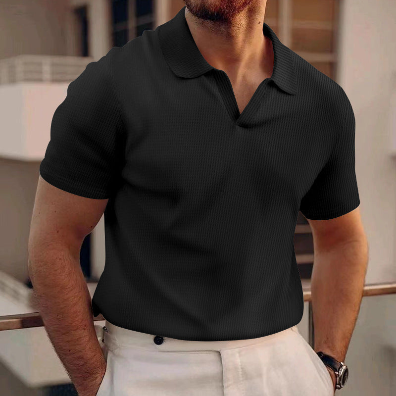 Rowan men's V-neck polo shirt in waffle knit texture, smart casual short-sleeve style for everyday wear