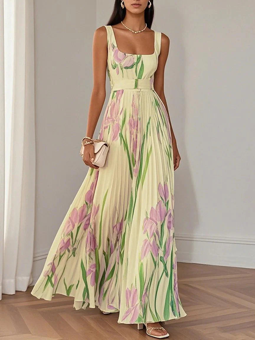 White floral chiffon maxi dress, sleeveless A-line silhouette with elegant square neckline and delicate pleats