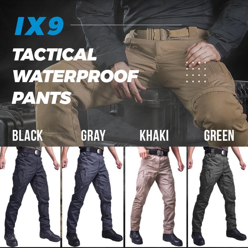 Men's black tactical waterproof pants with reinforced stitching and multi-pocket utility design