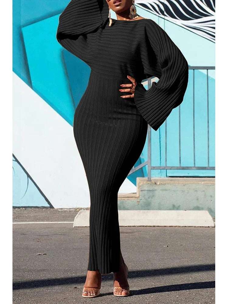 Women's ribbed knit dress fitted silhouette flared sleeves elastic comfort all-day wear