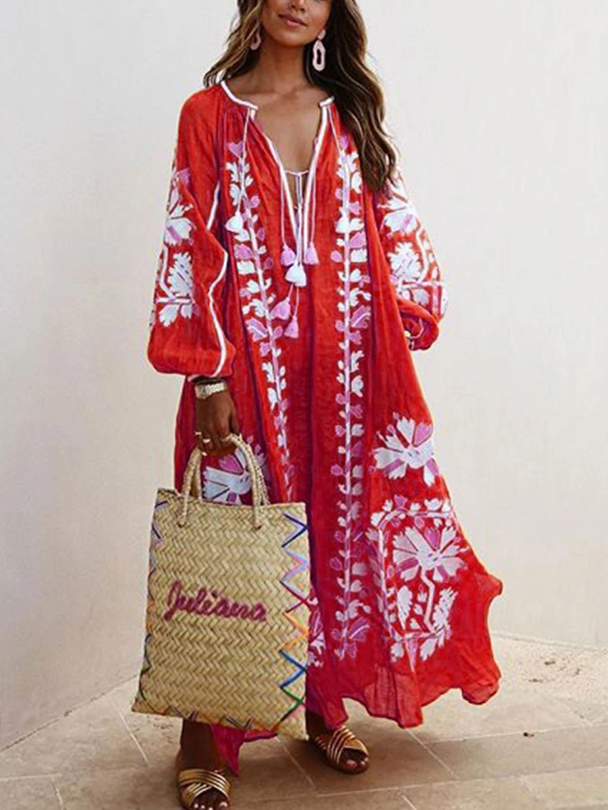 Oversized boho maxi dress cotton blend V-neck long sleeve casual vacation style light blue