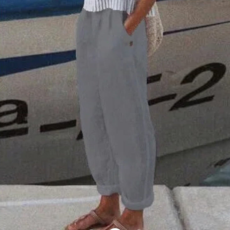 Unisex loose fit cotton linen casual pants solid color breathable all-season with pockets