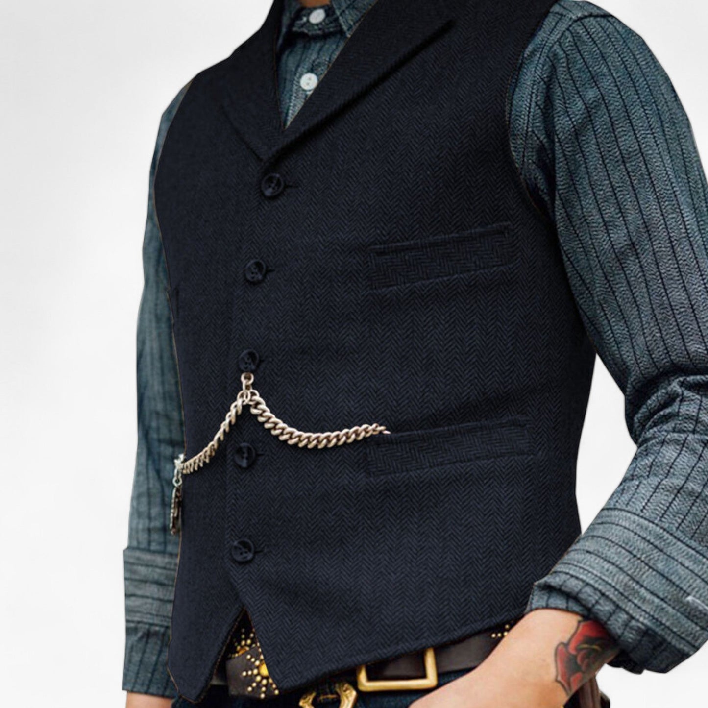 Black fitted men's suit vest with tailored silhouette and vintage-inspired decorative chain detailing