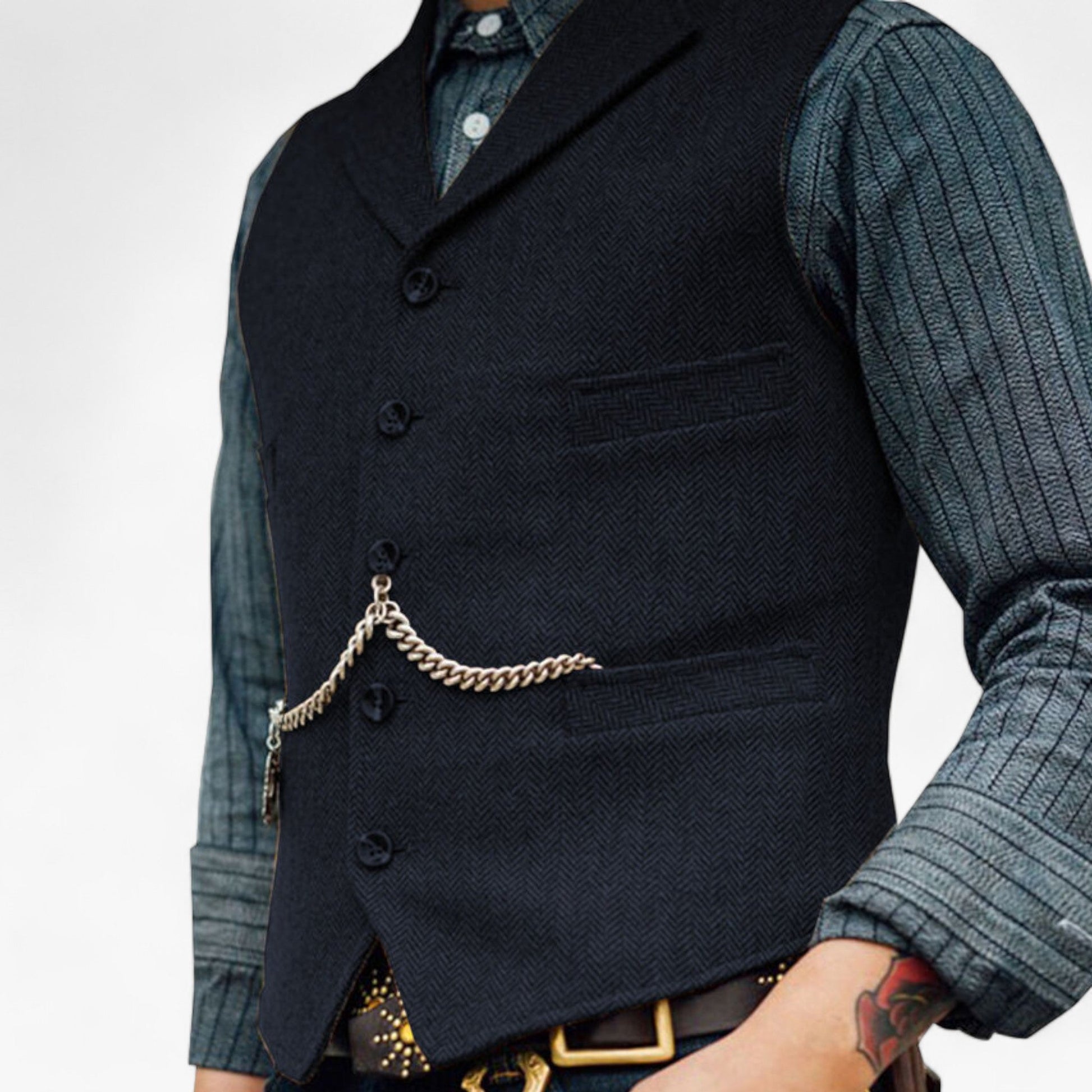 Black fitted men's suit vest with tailored silhouette and vintage-inspired decorative chain detailing