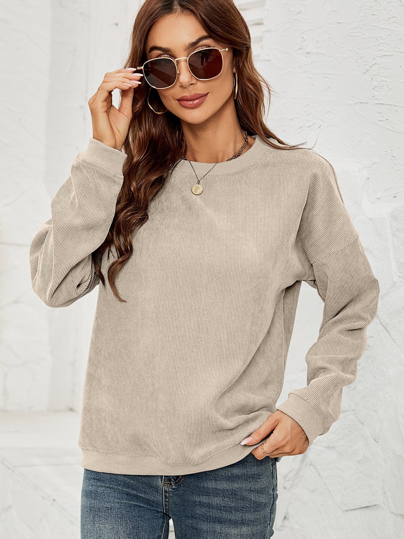 Women's solid corduroy pullover sweatshirt relaxed everyday layering piece with ribbed texture