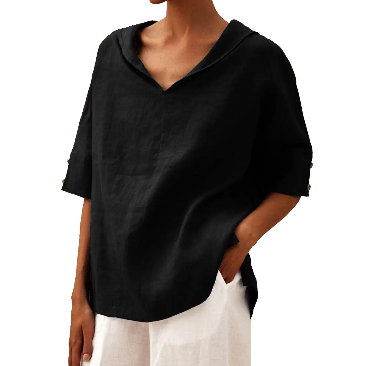 Women's solid V-neck half-sleeve blouse relaxed modern cut versatile everyday casual top