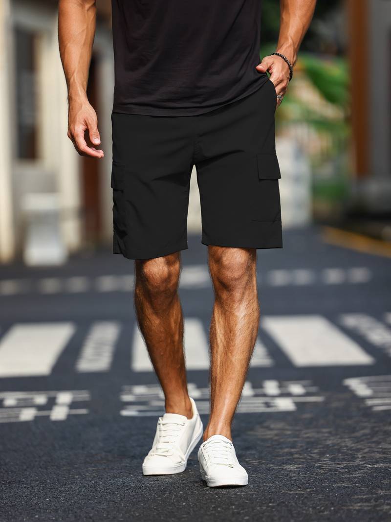 Men's khaki cargo shorts relaxed fit with practical side cargo pockets for everyday casual wear