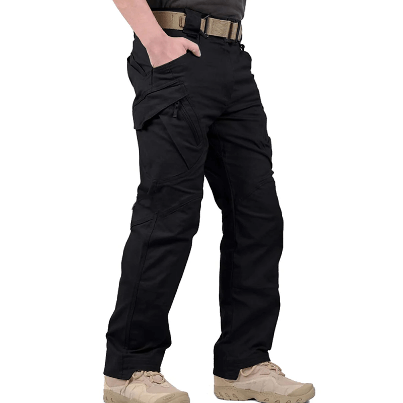 Men's black tactical waterproof pants with cargo pockets, durable ripstop fit for hiking and outdoor use