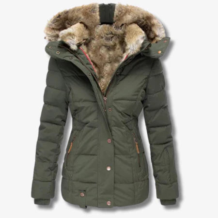Fadwa women's black puffer jacket with hood, elegant quilted insulation for winter warmth