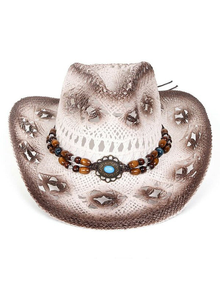 Women's hand crocheted straw sun hat hollow geometric western vintage style lightweight daily wear