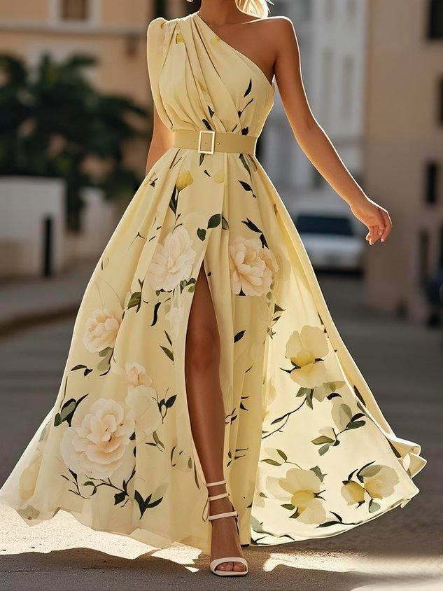Light green floral chiffon maxi dress with ruched one-shoulder neckline, A-line silhouette