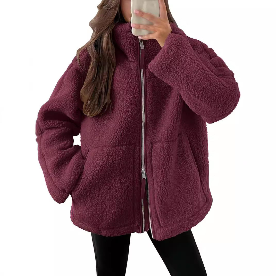 Women's wool blend zip-up jacket relaxed fit notched lapel cozy winter essential modern silhouette