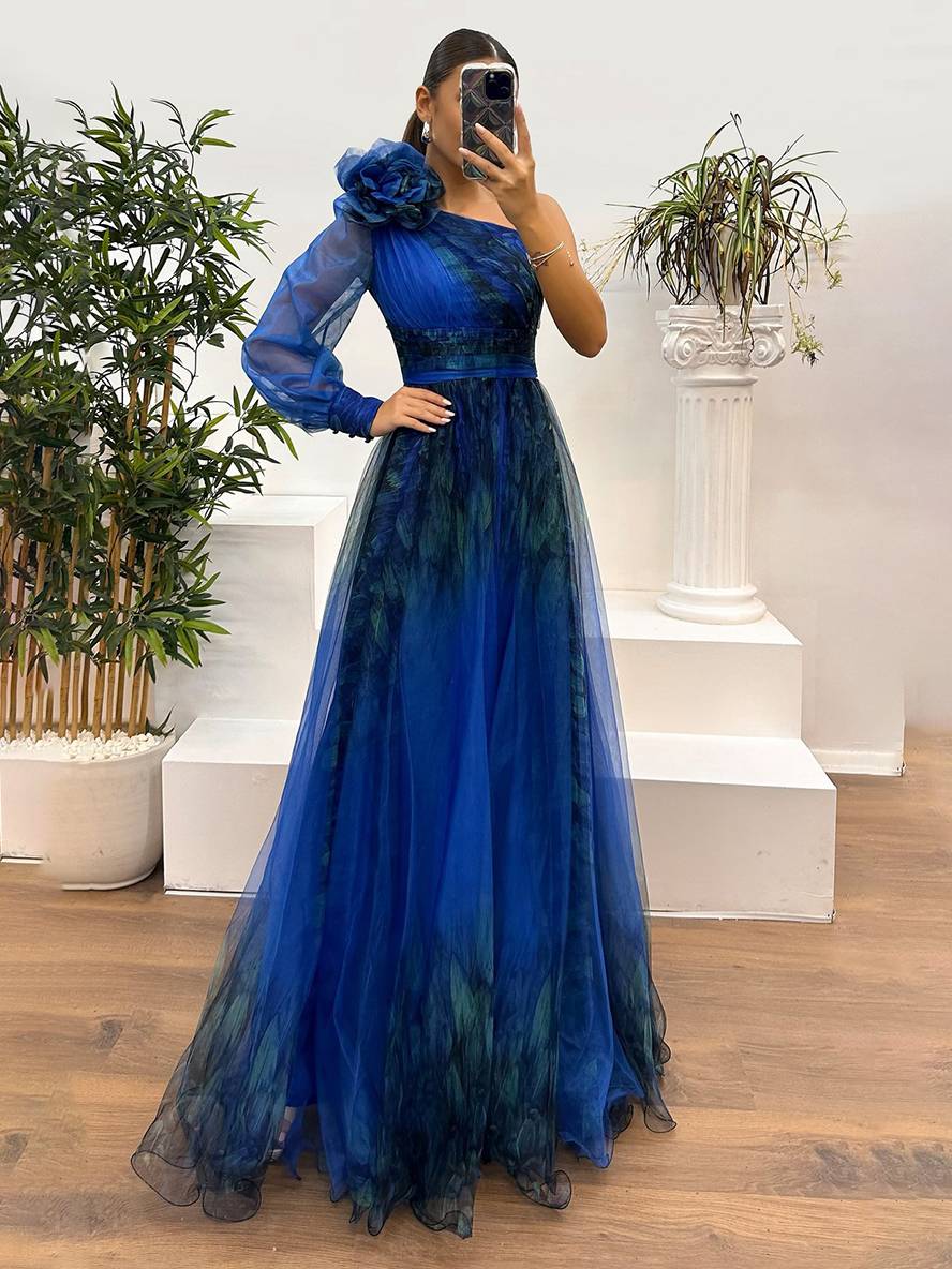 Adeline floral maxi dress, one-shoulder asymmetric silhouette with split tulle and elegant side slit