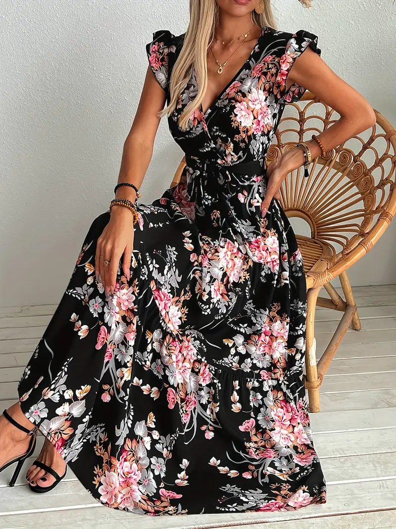 Black floral swing dress for women, elegant lightweight silhouette with feminine allover floral pattern